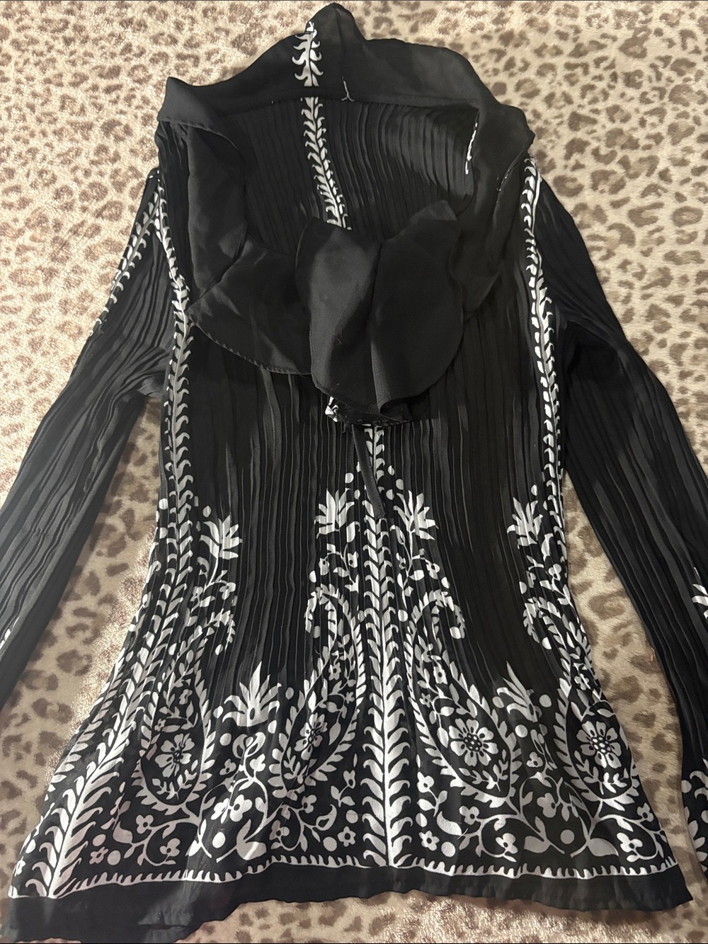 Black Long-Sleeve Pleated Blouse with White Embroidered Motif